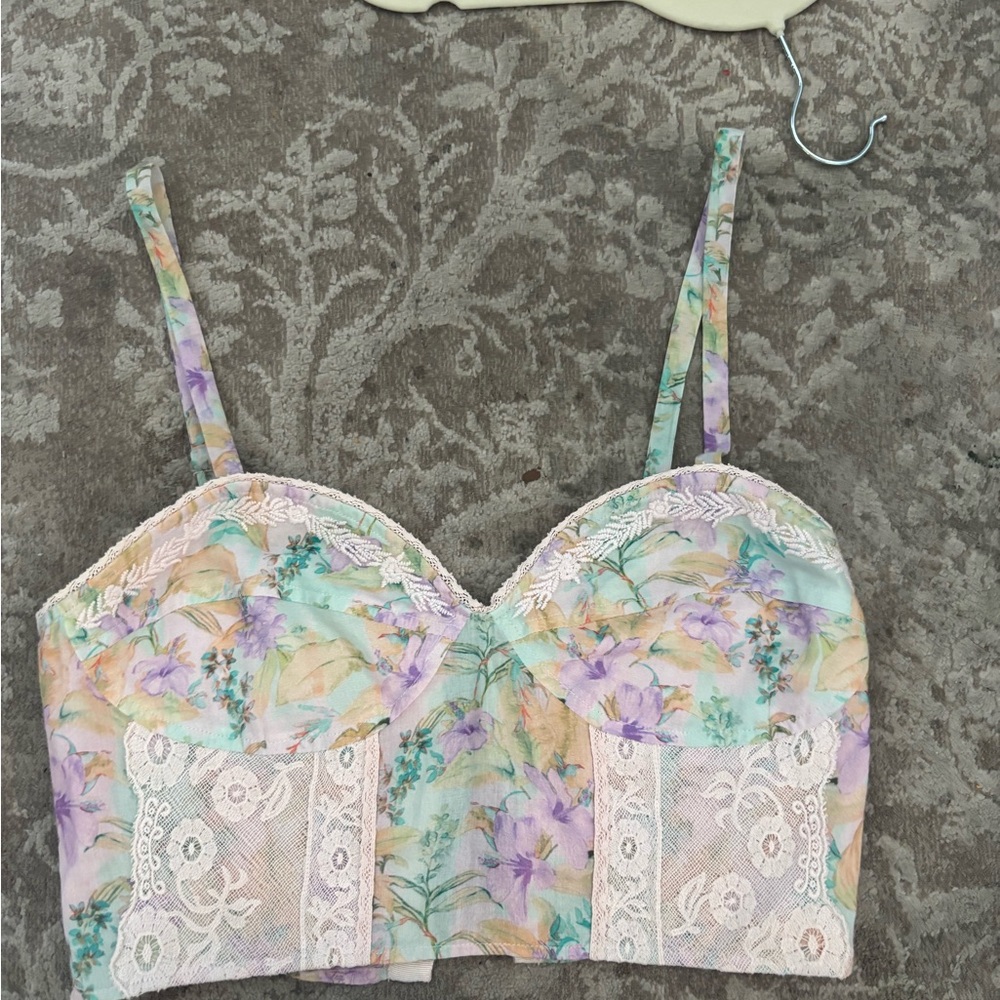 LoveShackFancy Cream and Pink Floral Bra with Sweetheart Neckline